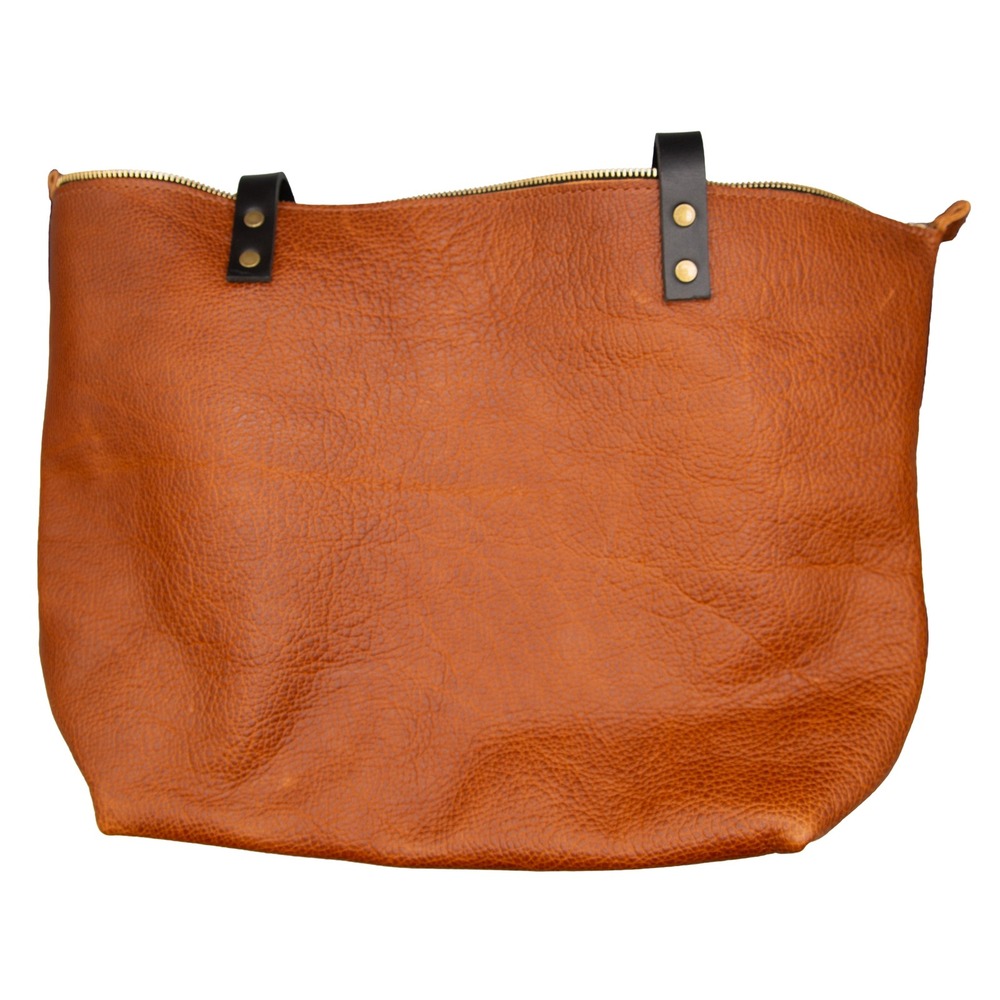 Portland Leather Tote Bag Cognac Brown Pebbled Zipper Top Shoulder Bag Large - Picture 4 of 11